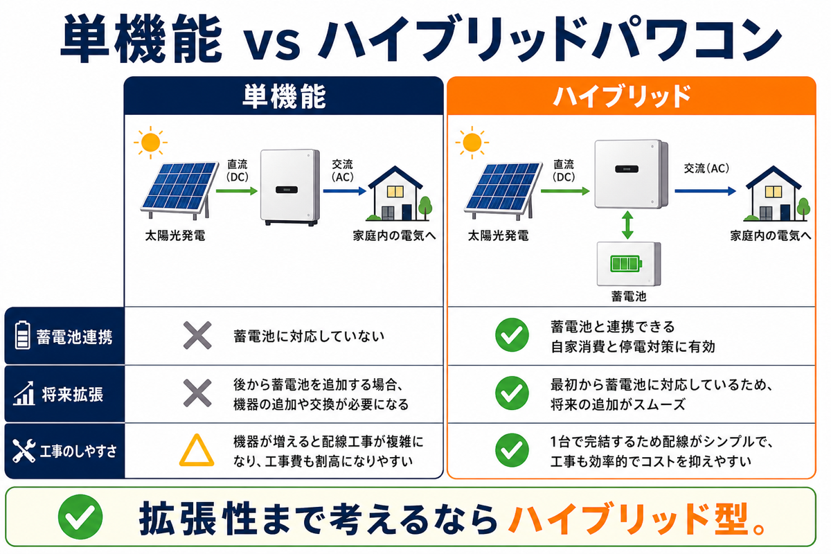 単機能パワコンとハイブリッドパワコンの比較表 単機能パワコンとハイブリッドパワコンの比較表