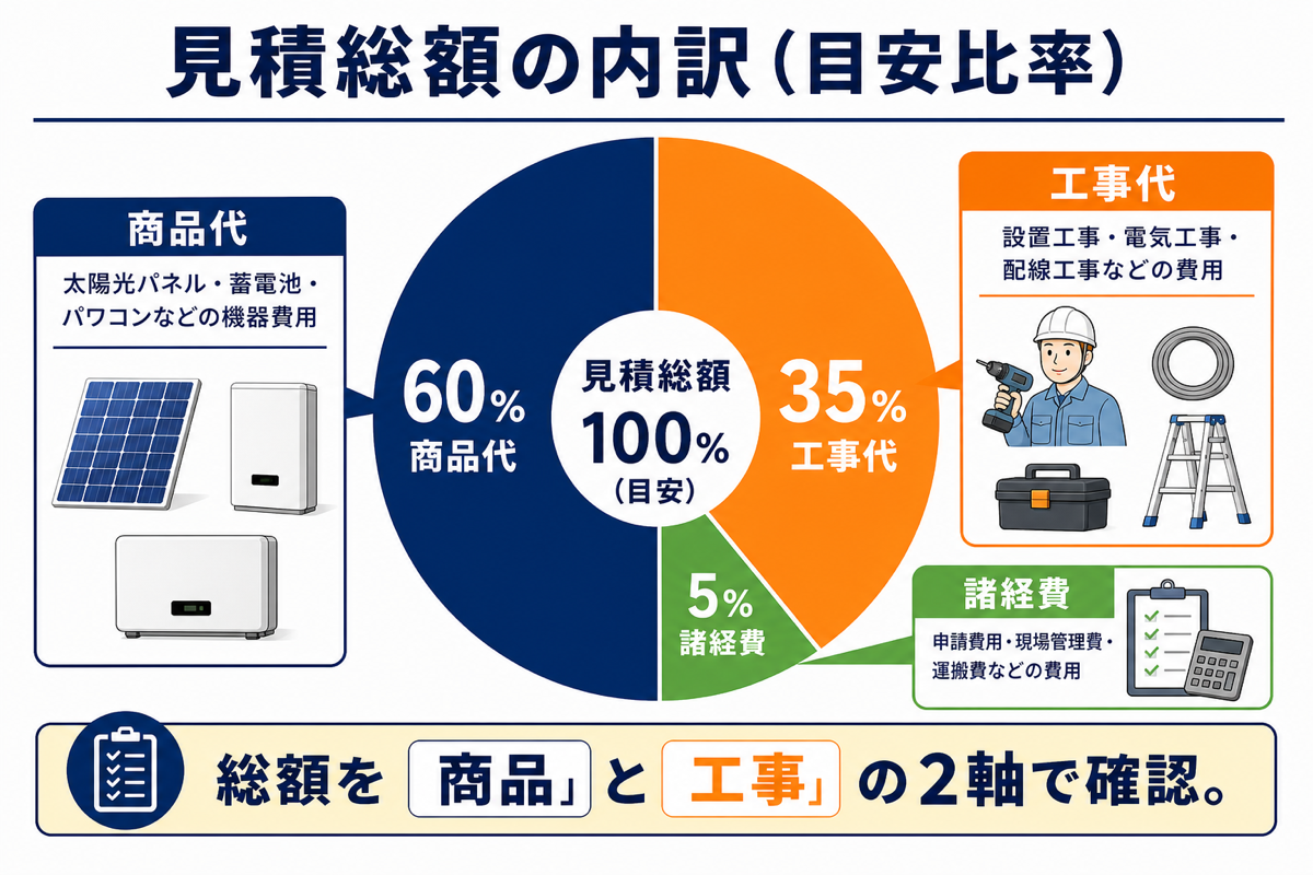 太陽光・蓄電池導入における商品代と工事代の内訳円グラフ 太陽光・蓄電池導入における商品代と工事代の内訳円グラフ