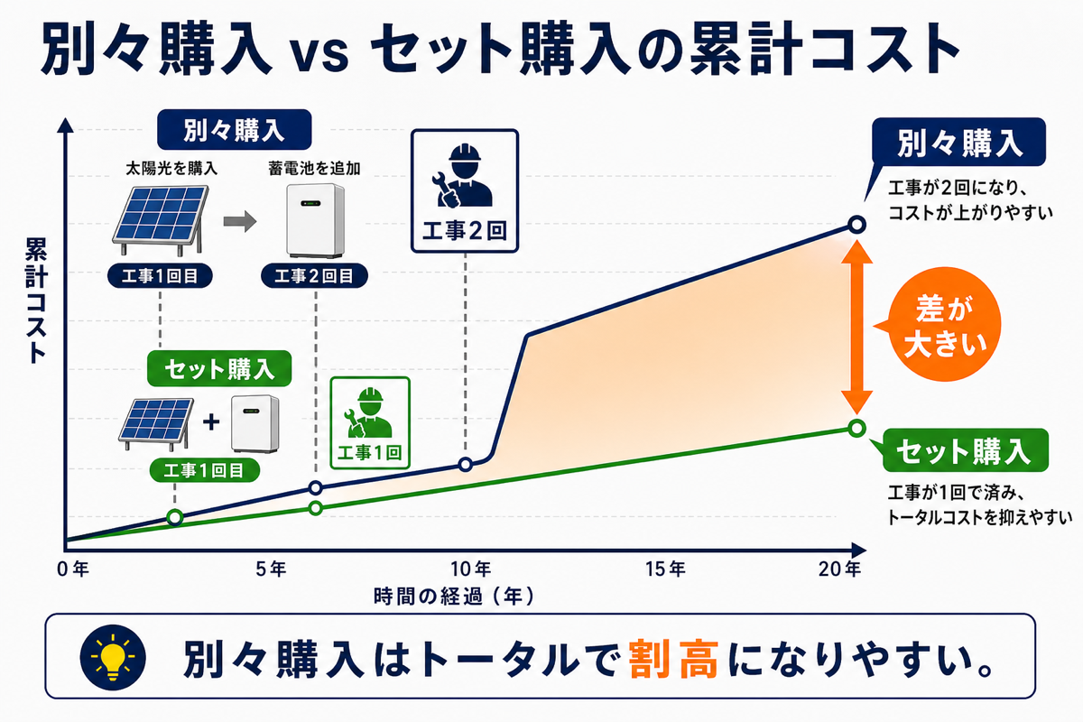 別々購入とセット購入の累計コスト比較グラフ 別々購入とセット購入の累計コスト比較グラフ