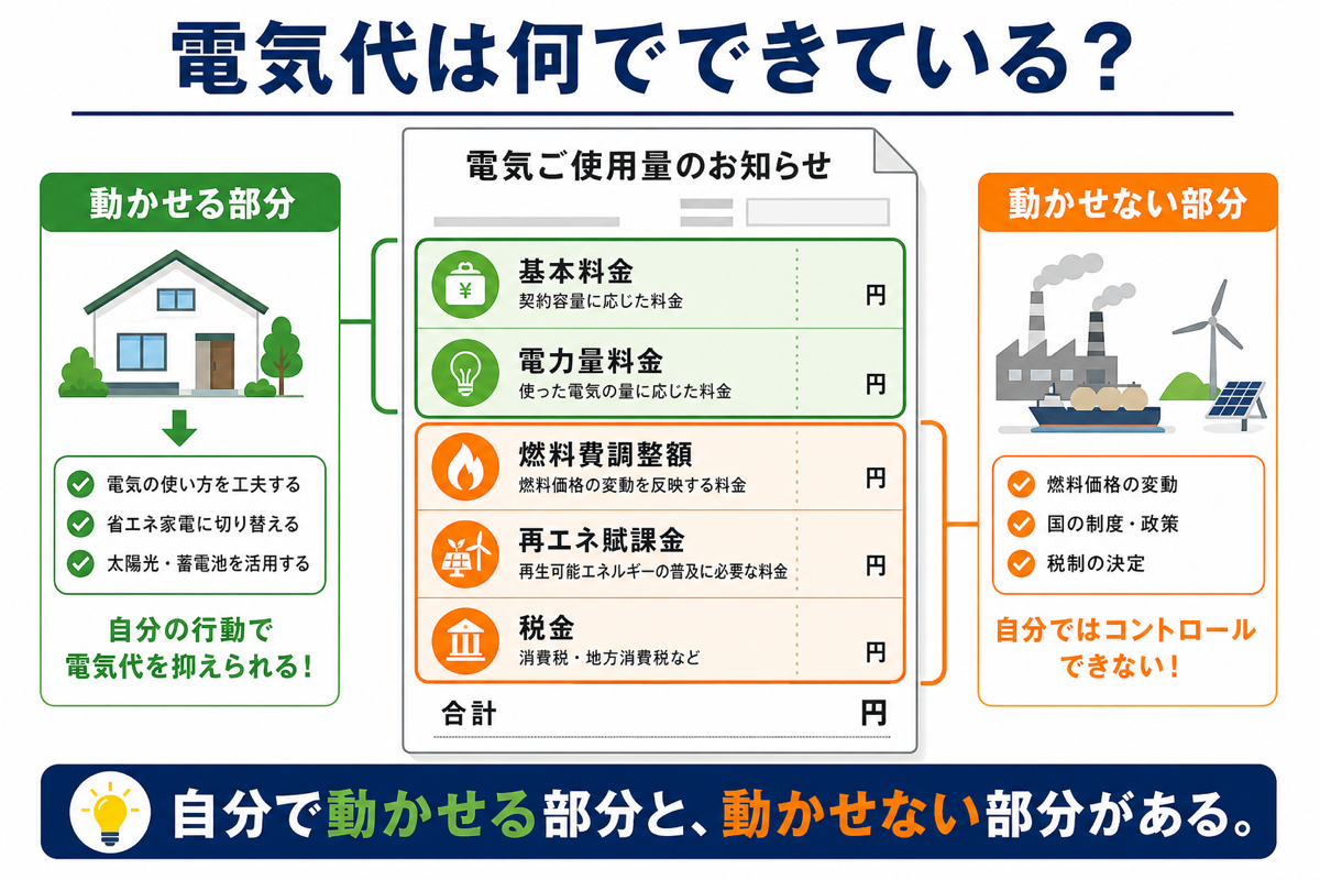 電気代の構成要素を分解した図解 電気代の構成要素を分解した図解