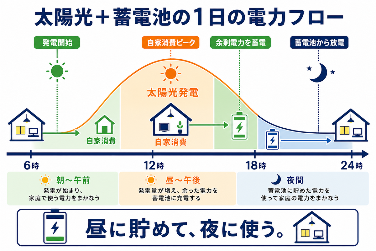 太陽光と蓄電池の24時間電力フロー図解