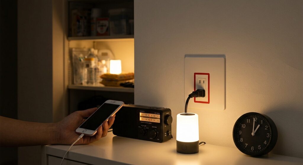 災害時の非常用コンセントと電気の活用の様子